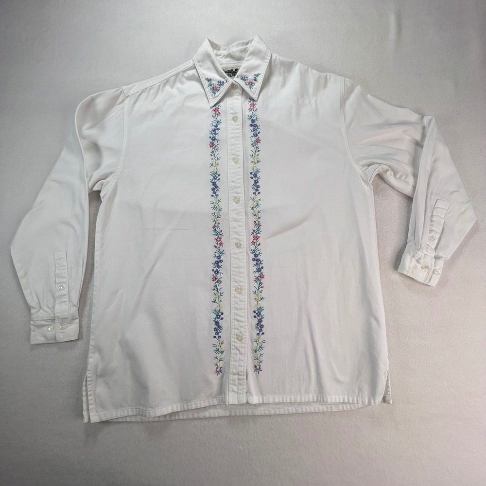 VTG Northern Reflections Womens White Floral Embroidered Long Sleeve Button Down
